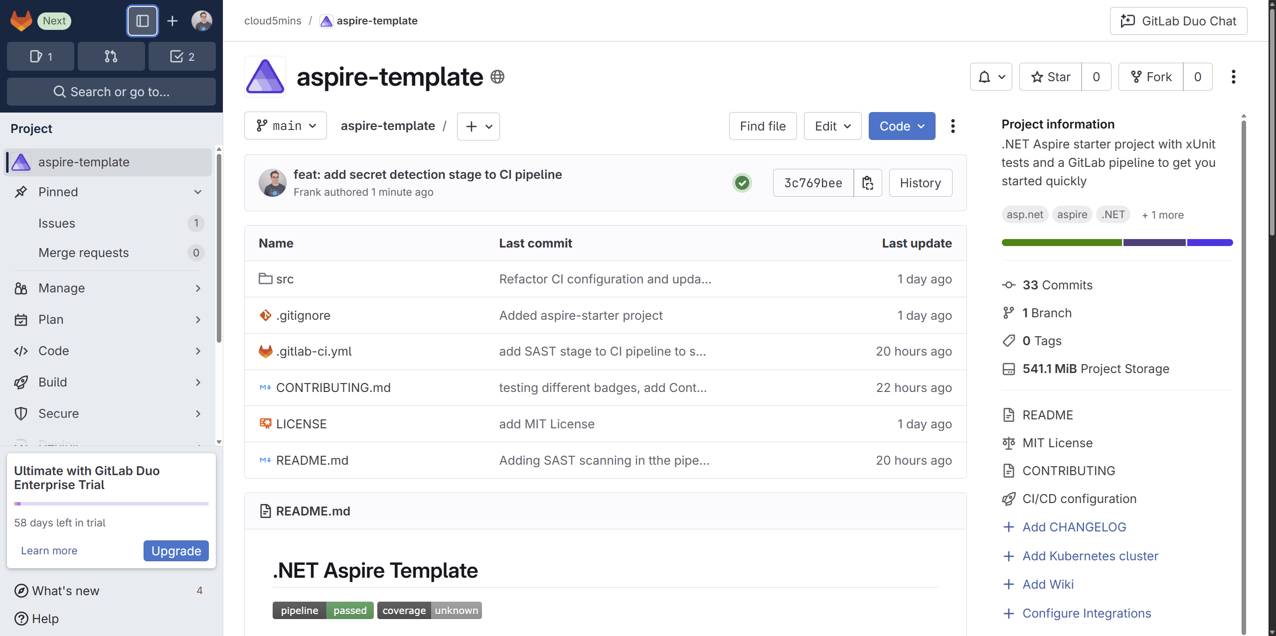 Capture d'écran du projet template Aspire sur GitLab
