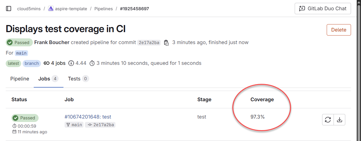 Couverture visible dans le pipeline GitLab