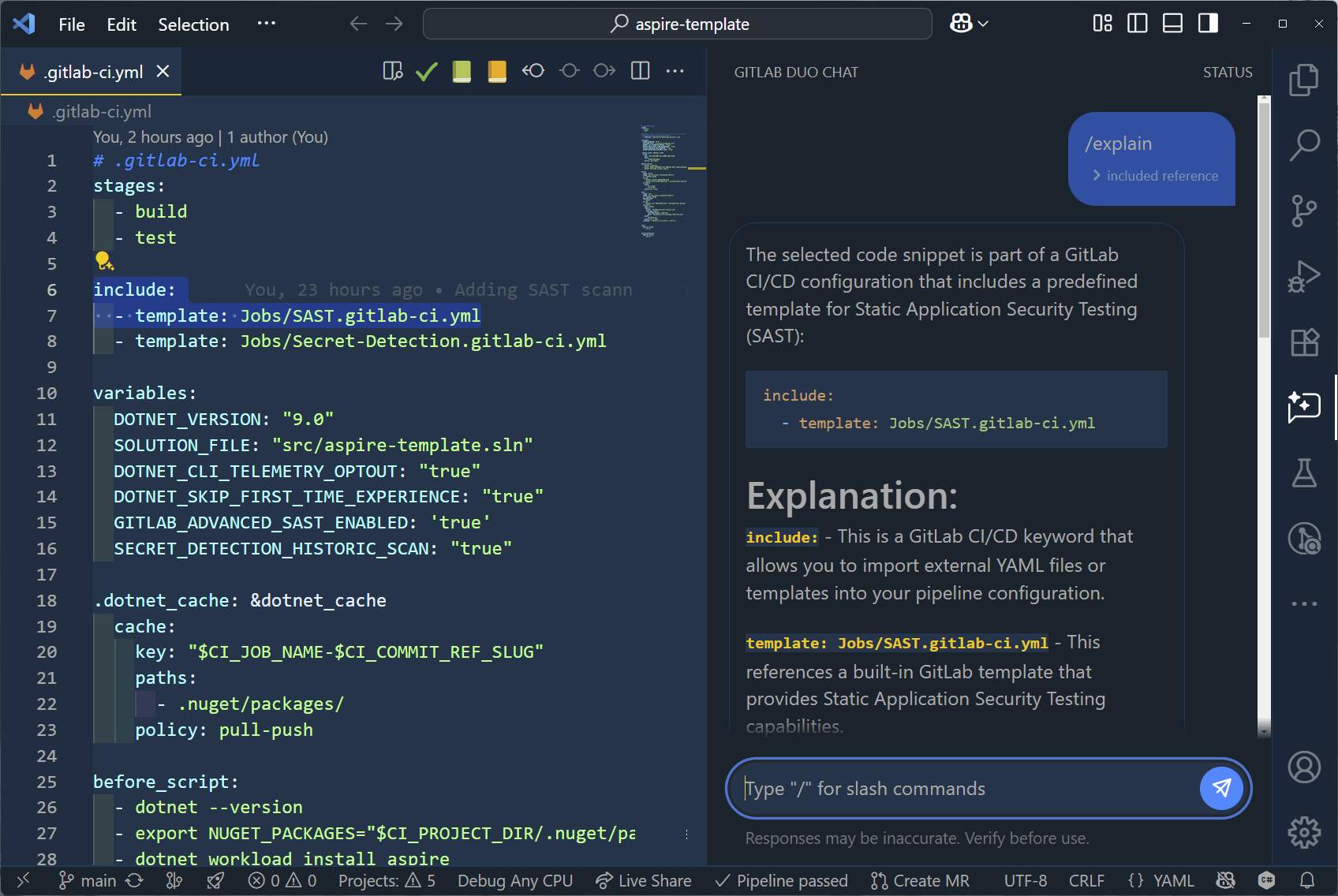 capture d'écran dans VSCode utilisant GitLab Duo pour expliquer une partie du code