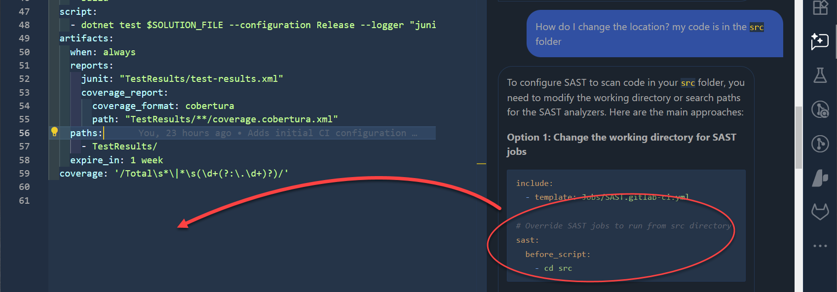 capture d'écran dans VSCode utilisant GitLab Duo pour changer l'emplacement par défaut du job SAST