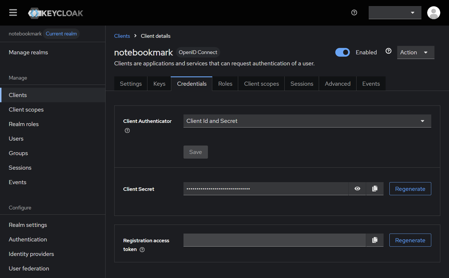 Écran de configuration du client Keycloak
