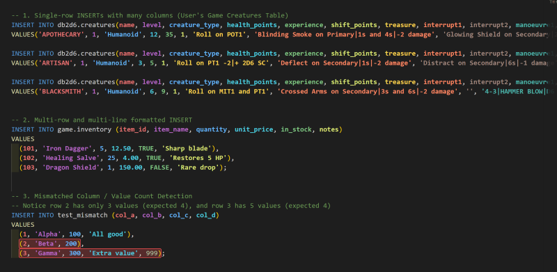 Rainbow SQL qui colore des instructions INSERT dans VS Code